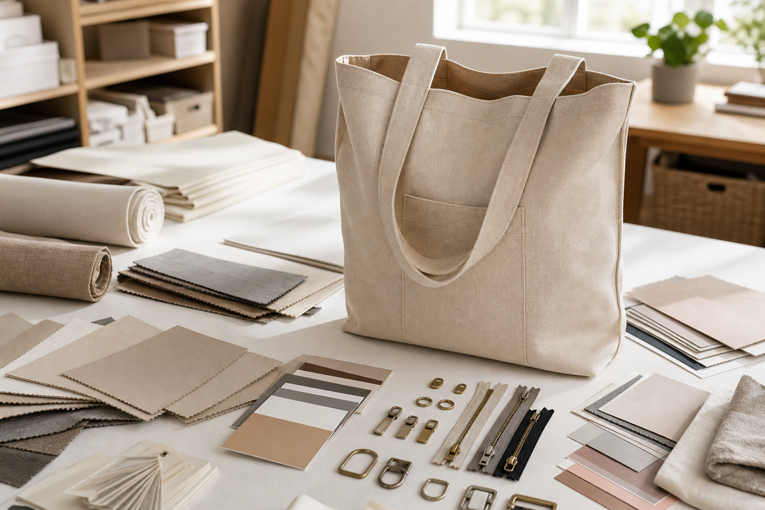 Bag sample development workstation with fabric swatches and hardware