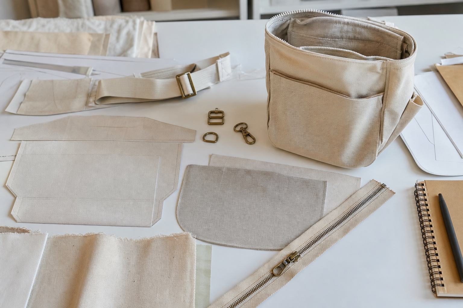 Bag pattern, fabric and hardware on a sample development table
