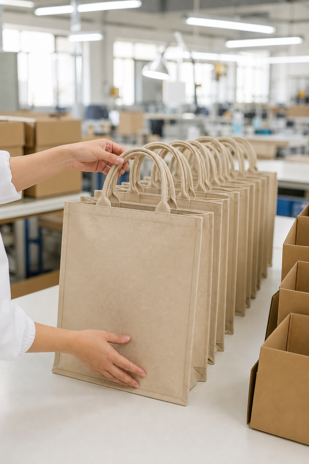 Quality inspection of unbranded tote bags before packing