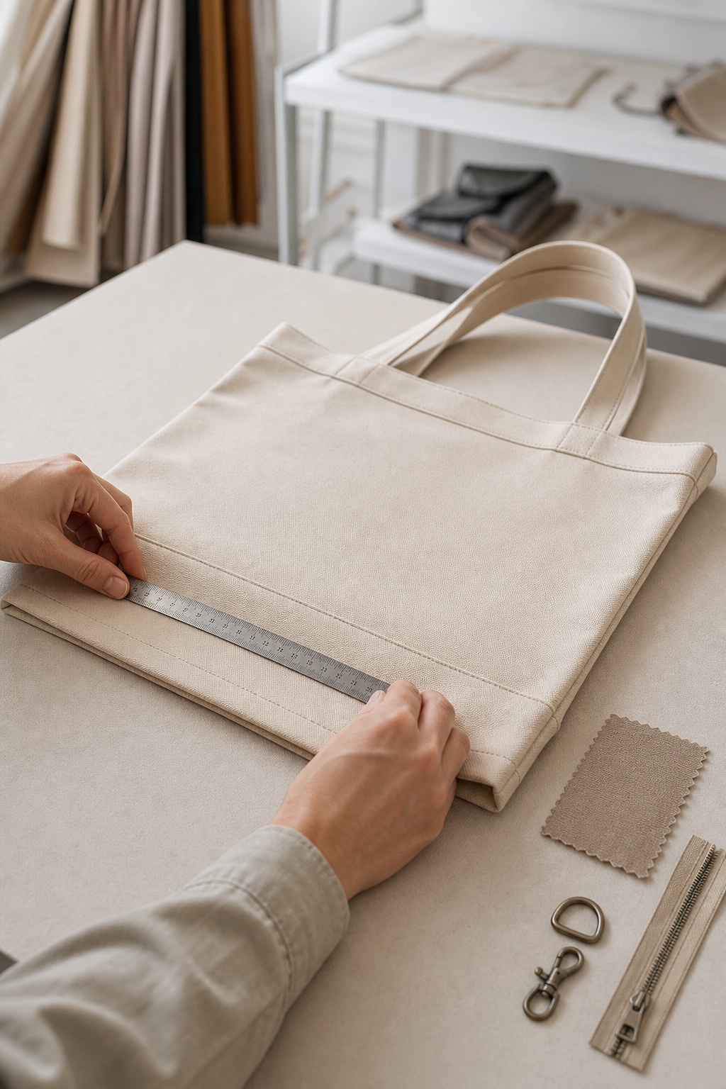 Bag sample being measured and reviewed at a clean workbench