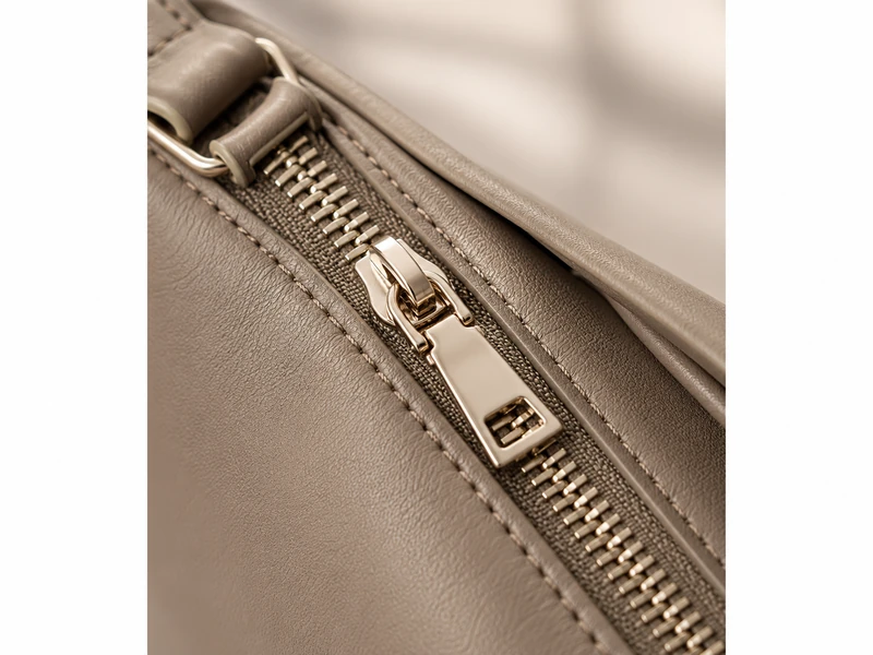 Metal zipper and puller detail on a bag