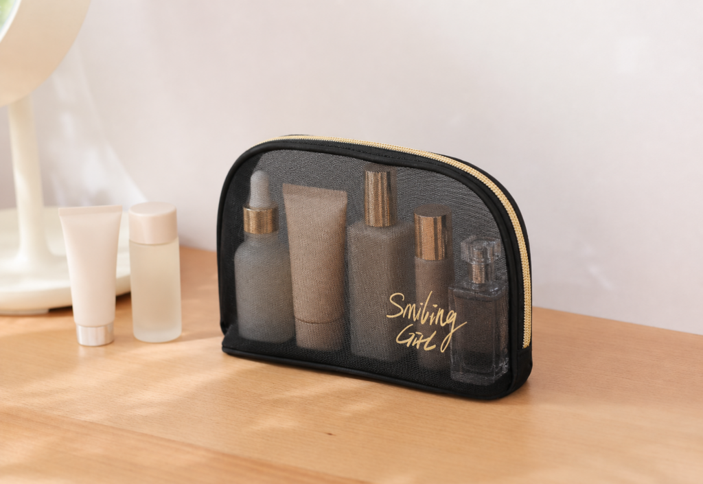 Rounded Flocked Heart Mesh Cosmetic Pouch