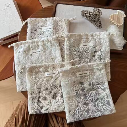 Embroidered Lace Drawstring Cosmetic Pouch Set